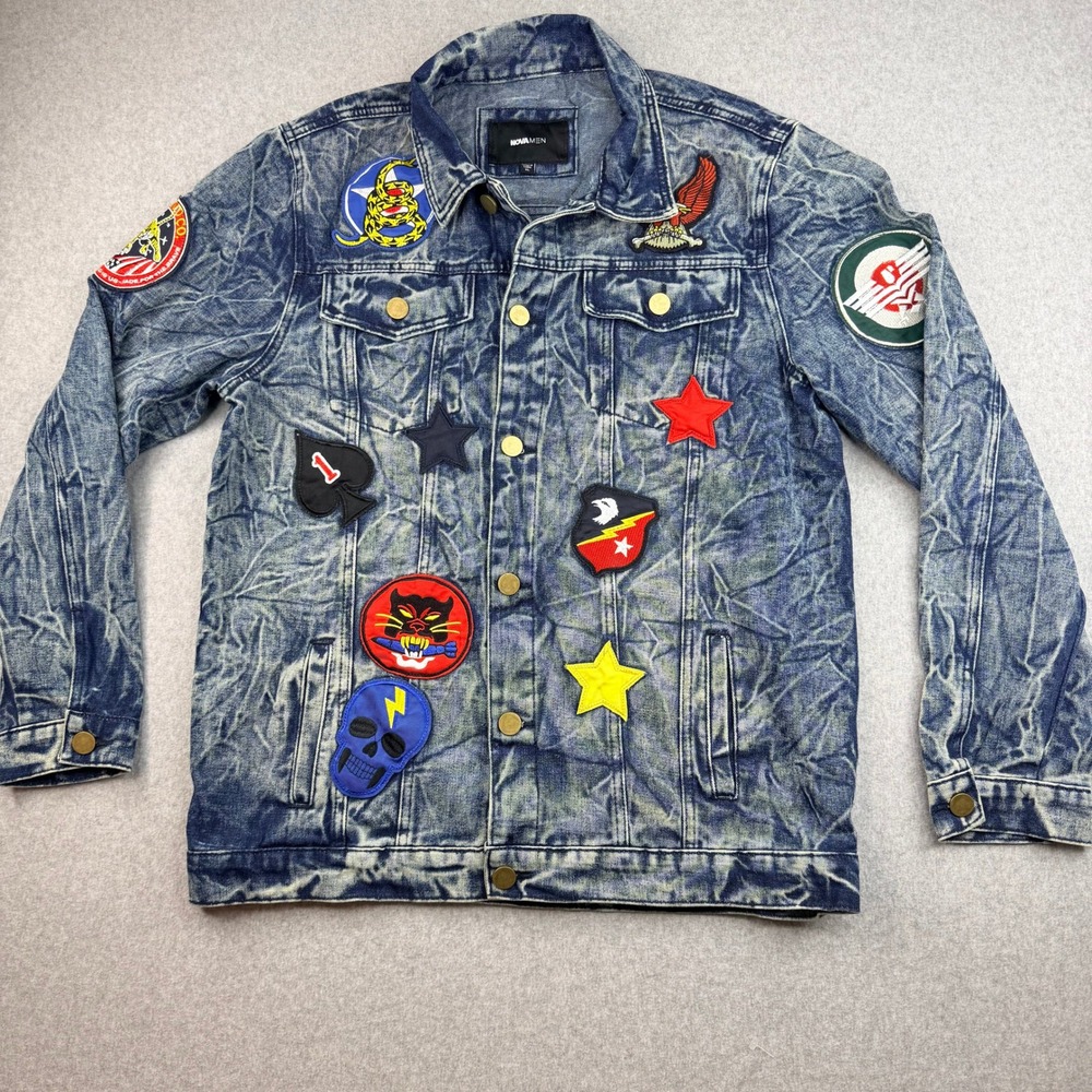 NovaMen Mens Acid Wash Denim Trucker Jacket Multi Patch Blue XL DN-21-FN